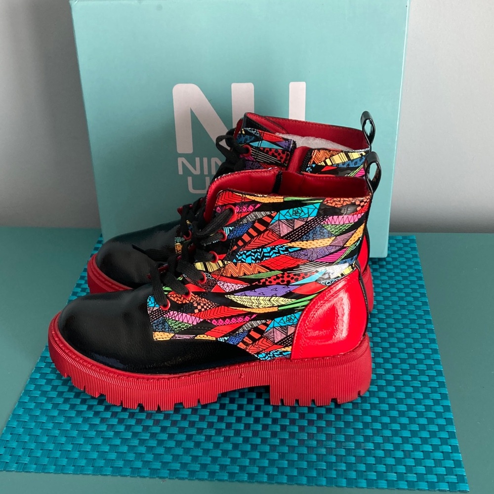 Ninety Union Freeway Red Black Multi Patent Lug Sole Combat Bootie Women Size 8